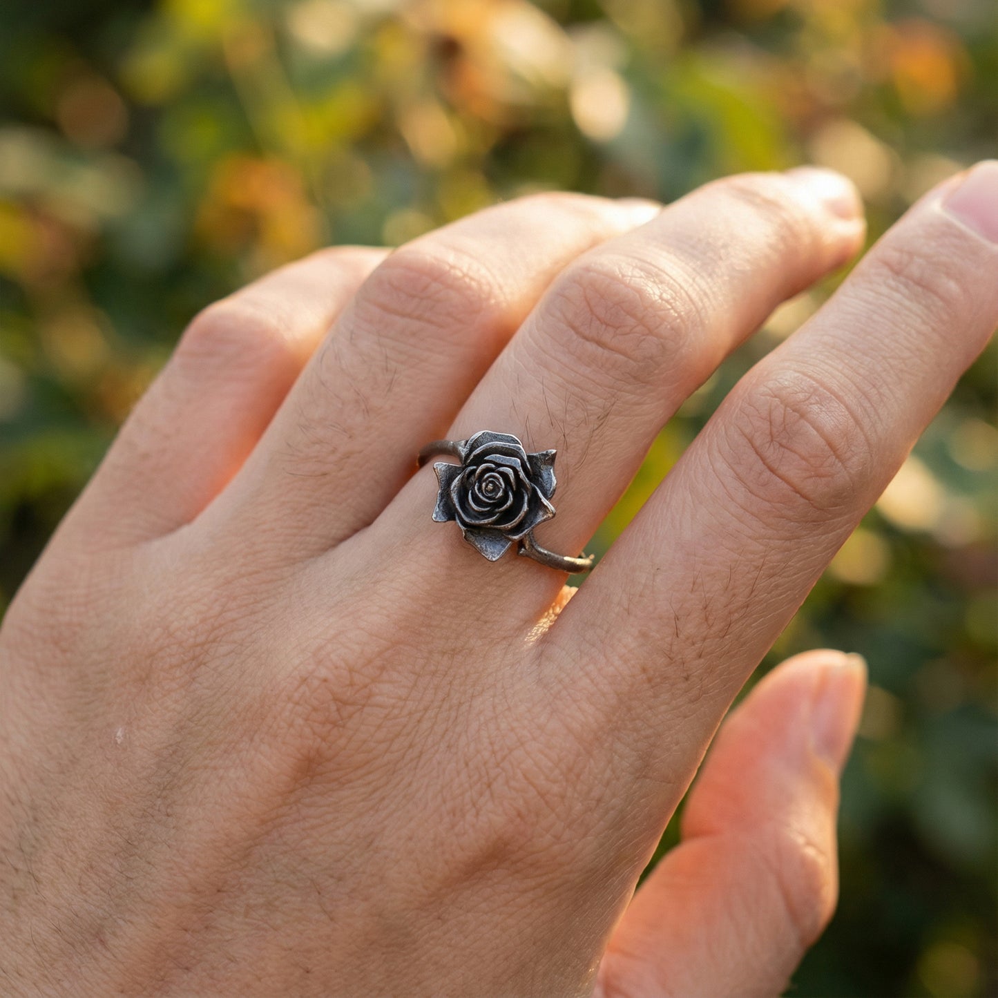 Black Rose Ring - (Adjustable) - Silver Plated
