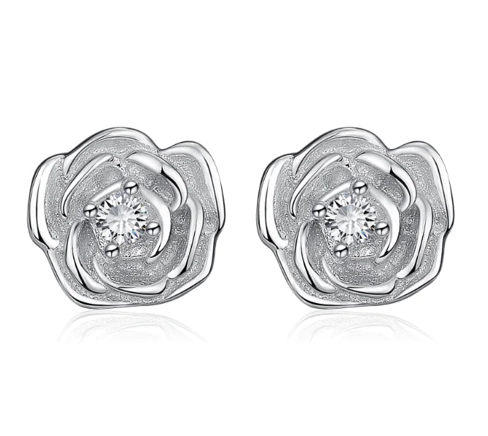 Rose Shaped Stud Earrings - 925 Sterling Silver