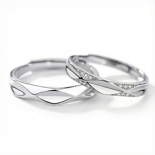Diamond Shape Couple Rings - (Adjustable) - 925 Sterling Silver