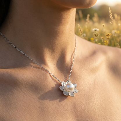 Lotus Flower Pearl Necklace - 925 Sterling Silver