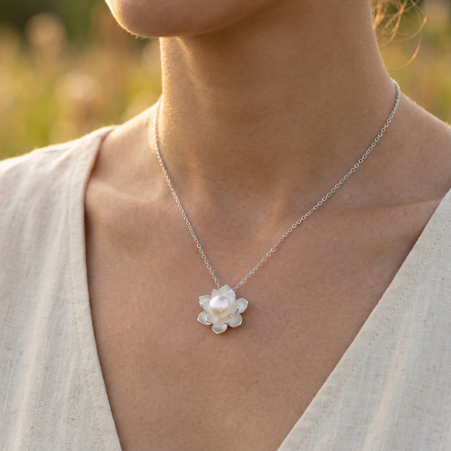 Lotus Flower Pearl Necklace - 925 Sterling Silver