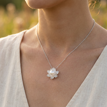 Lotus Flower Pearl Necklace - 925 Sterling Silver