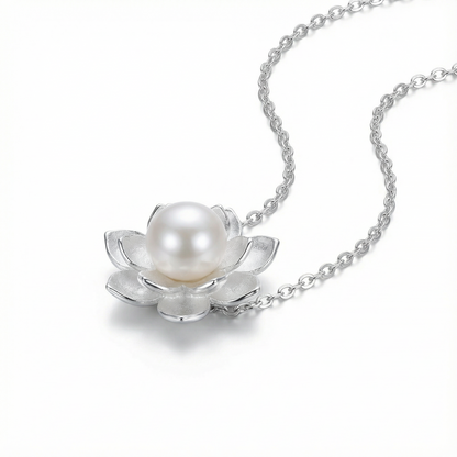 Lotus Flower Pearl Necklace - 925 Sterling Silver