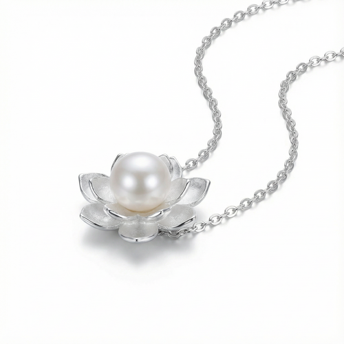 Lotus Flower Pearl Necklace - 925 Sterling Silver