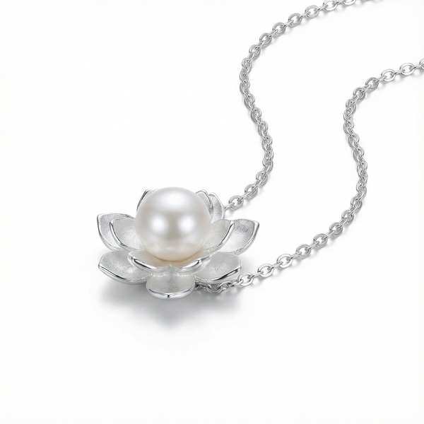 Lotus Flower Pearl Necklace - 925 Sterling Silver
