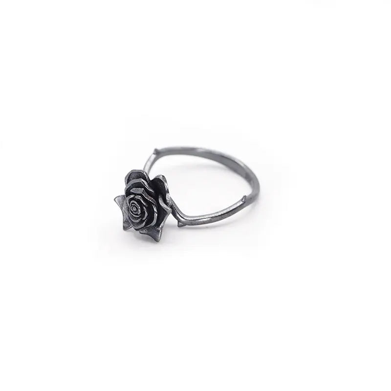 Black Rose Ring - (Adjustable) - Silver Plated
