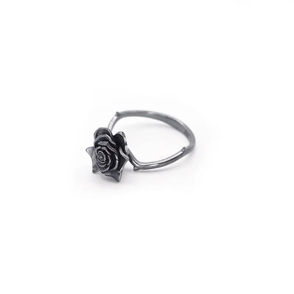 Black Rose Ring - (Adjustable) - Silver Plated