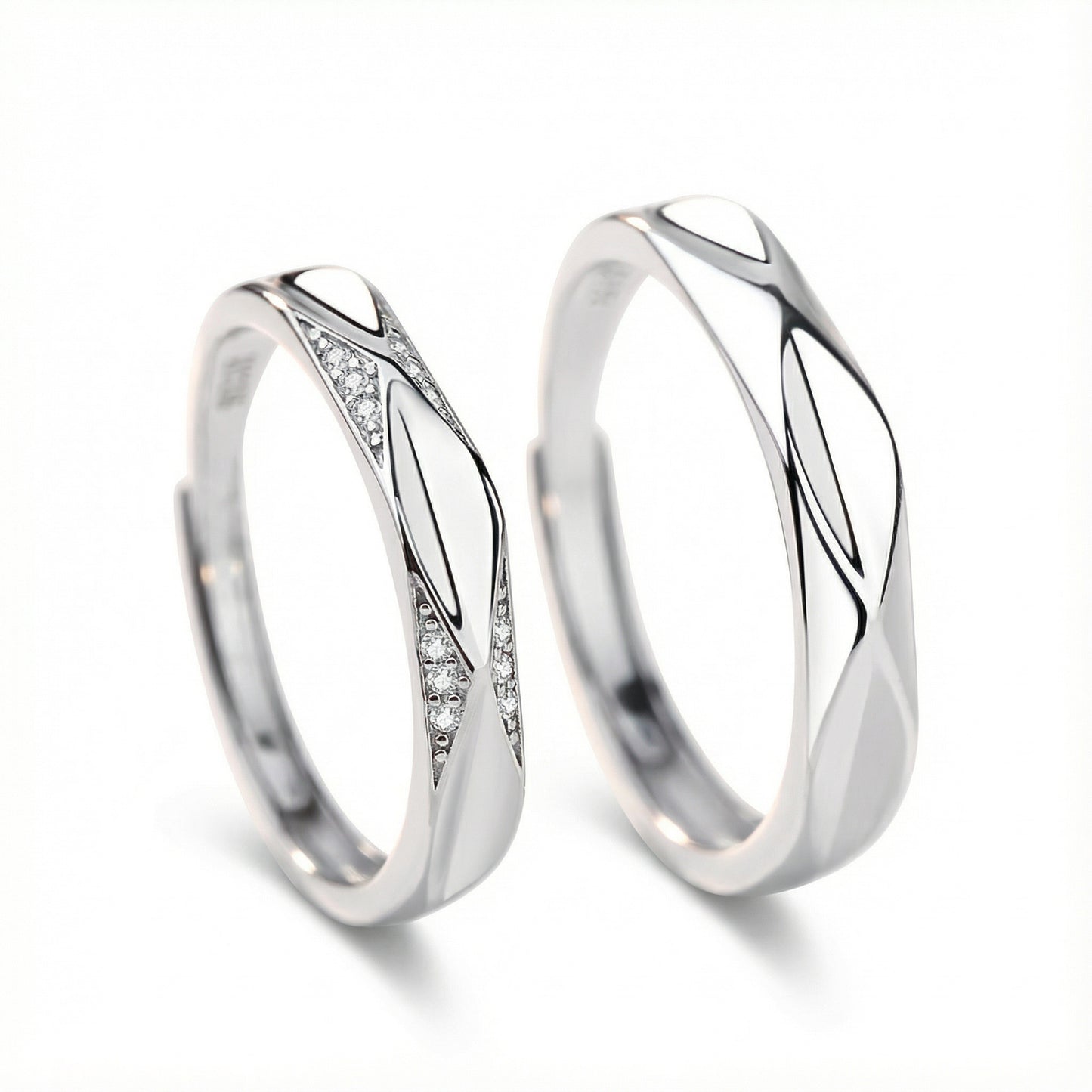 Diamond Shape Couple Rings - (Adjustable) - 925 Sterling Silver