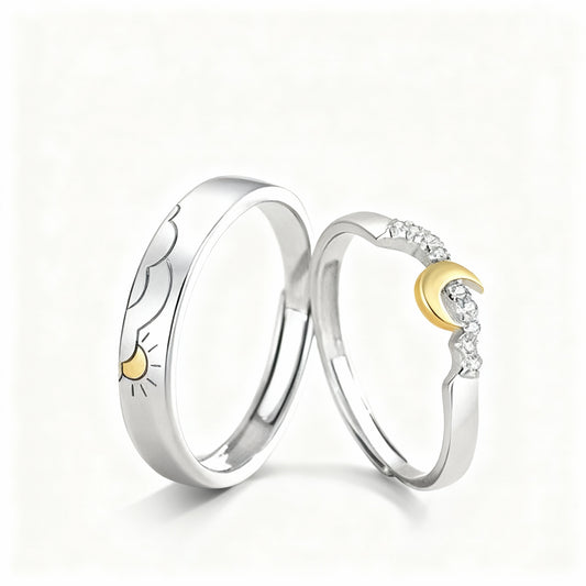 Sun & Moon Couple Rings - (Adjustable) - Silver Plated
