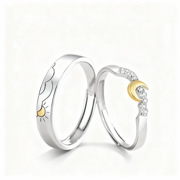 Sun & Moon Couple Rings - (Adjustable) - Silver Plated